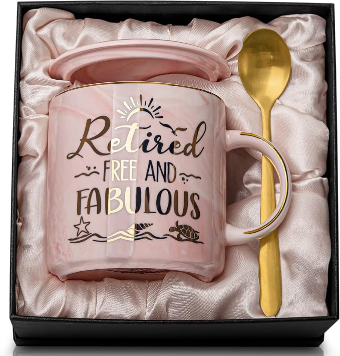 Retirement Gift for Woman 2026 - Retirement Gifts for Women, Coworker Leaving, Farewell, Going Away, Goodbye Gifts, Retired Free And Fabulous -14oz Pink Marble Coffee Mug, Gift Box | Coworker Leaving, Farewell, Going Away, Goodbye Gifts, Retired Free A... by Biching