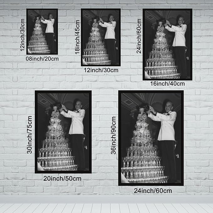 Champagne Tower 1920s, Pouring Over Stacked Glasses Black And White , Alcohol Poster, Bar Cart , Retro Wall Decor Canvas Poster Bedroom Decor Sports Landscape Office Room Decor Gift Black Frame 12x18i - Image 2