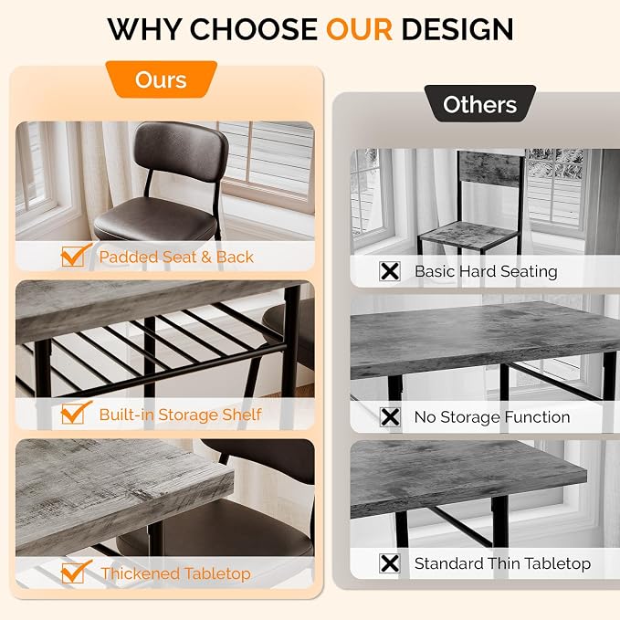VINGLI Dining Table Set for 2, Small Kitchen Table Set with Upholstered Chairs, 3-Piece Dining Set with Storage Rack, Wood Dining Room Set with Metal Legs for Small Spaces, Living Room, Grey - Image 8