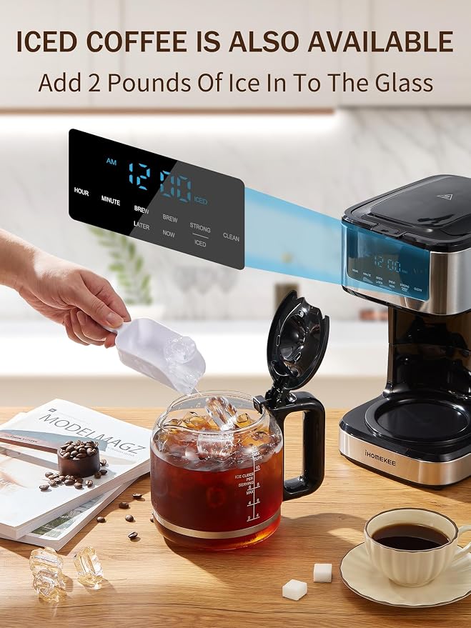 Ihomekee Coffee Maker, Programmable Drip Coffee Machine 12 Cup | Regular & Strong Brew Model, Iced Coffee Function for Home and Office, Black & Stainless Steel (Black,Silver) - Image 4