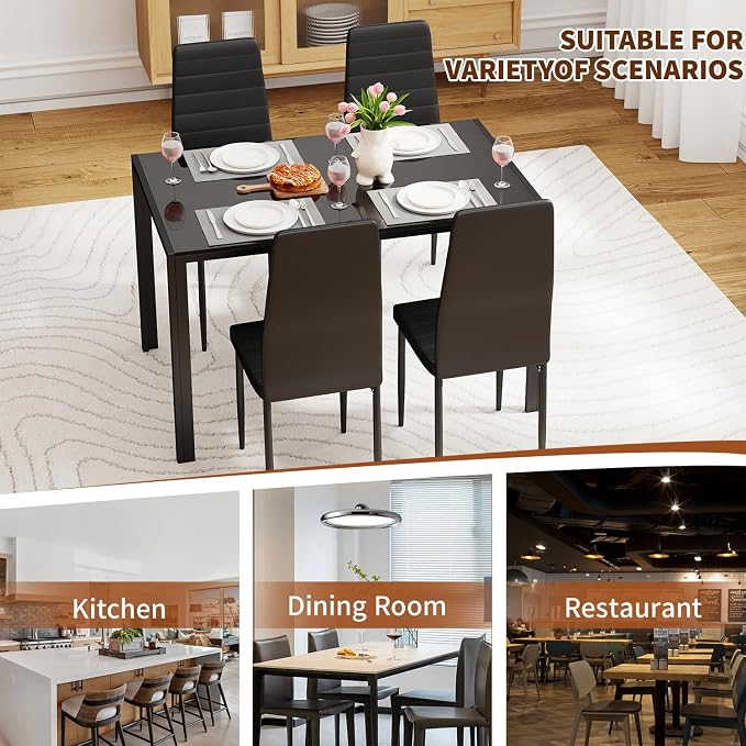 FDW | Dining Table Set for 4 | 5-Piece Glass Black Dining Table | Kitchen Table with 4 Upholstered Chairs and Faux Leather Cushions | Space-Saving and Modern Design | for Dining Room, Easy to Assemble - Image 6