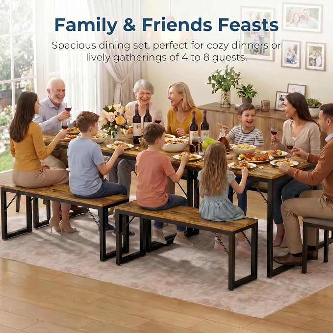 Bealife Dining Table Set for 4 with Metal Frame and MDF Board - Retro | Space Saving Kitchen Table with 2 Benches, Kitchen Table Set for Apartment, Dining Room, Breakfast Nook - Image 6
