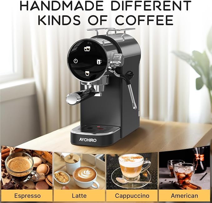 AYCHIRO 20 Bar Semi-Automatic Espresso Machine, Touch Panel Espresso Maker with Milk Frother Steam Wand, Cappuccino Latte Coffee Machine, Removable Water Tank for Home Barista, Black - Image 3