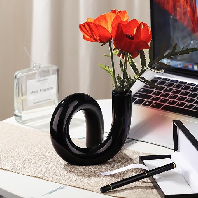 Joeyan Handmade Small Black Glass Flower Vase,Decorative Geometric Glass Bud Vase for Modern Home Centerpieces Living Room Office,4.72" Abstract Vase for Single Flower and Dry Flowers - Image 2