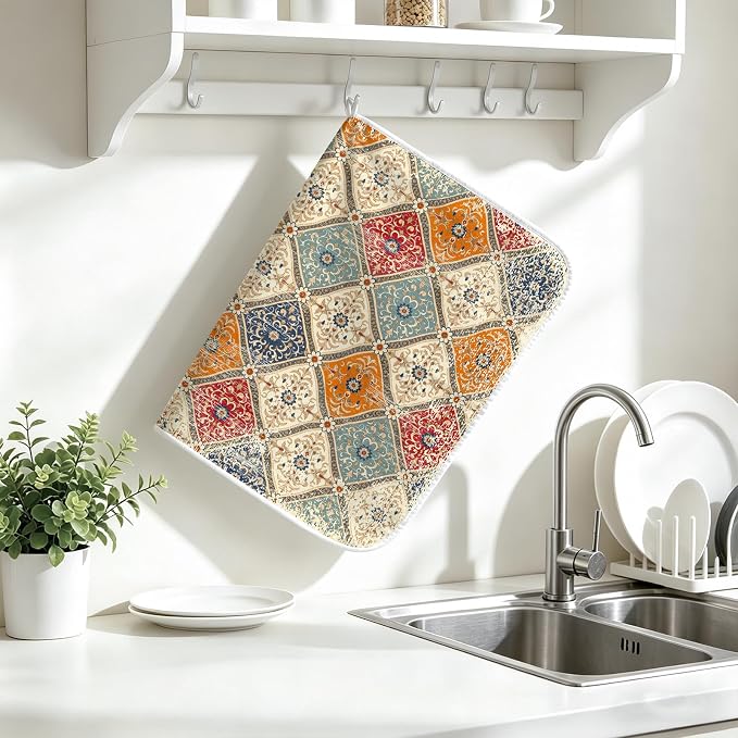 Bohemian Vintage Dish Drying Mat for Kitchen Counter Coffee Bar 18x24 in | Decorative Non Slip Absorbent Kitchen Dishes Drainer Mat, with Anti-slip Rubber Backing & Hanging Loop, for Sink, Home Gift - Image 7
