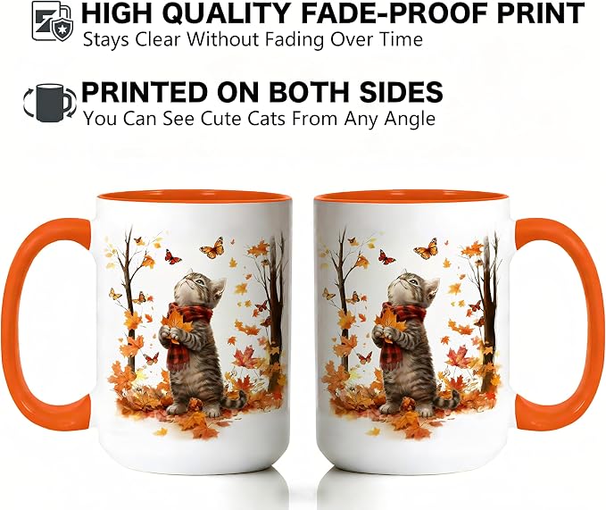 Cat Mug for Cat Lovers, Cute Kitten Fall Coffee Mugs, White, 15oz | Ceramic, Maple Leaf Tea Cup with Orange Handle, Ideal for Hot & Cold Drinks, Fun Novelty Gift for Women, Coworkers - Image 4