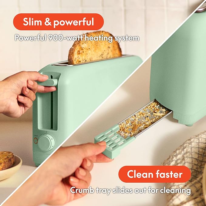 bella 2 Slice Slim Toaster, Fits-anywhere™ Kitchenware, 6 Setting Shade Control with Reheat & Cancel Buttons, Fits Sourdough, 10” Long Slot, Anti Jam & Auto Shutoff, 900 Watt, Seaglass - Image 6