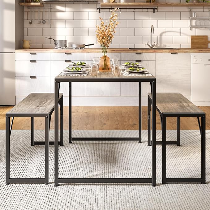 Bealife Dining Table Set for 4 with Metal Frame and MDF Board - Grey | Space Saving Kitchen Table with 2 Benches, Kitchen Table Set for Apartment, Dining Room, Breakfast Nook - Image 7