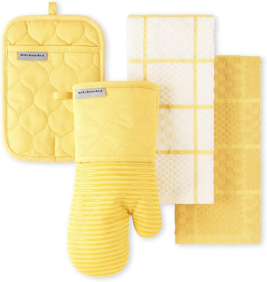 KITCHENAID Quilted Cotton Terry Cloth Oven Mitt, Pot Holder, Kitchen Towel 4-Pack Set, Heat Resistant, Silicone Grip, 16"x26", 7"x13" & 7"x10", Butter Yellow by KitchenAid