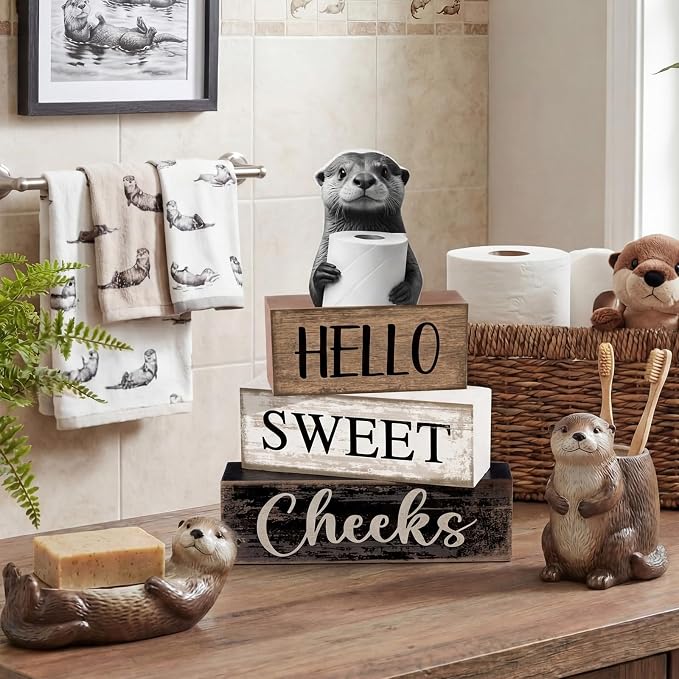 Moucuny 4 Pcs Otter Bathroom Decor Set Farmhouse Bathroom Decor and Accessories Rustic Hello Sweet Cheeks Wooden Blocks Signs with Toilet Paper Funny Toilet Shelf Decoration for Home Office Half Bath - Image 6