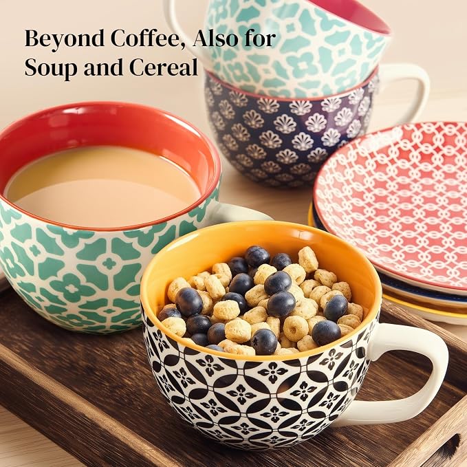 DOWAN 24 OZ Boho Mosaic Soup Mugs with Handle, Large Coffee Mugs Set of 4 | Six Design! Large Ceramic Mugs for Soup/Coffee/Cereal/Latte, Thanksgiving and Housewarming Gifts for Family and Friends - Image 3