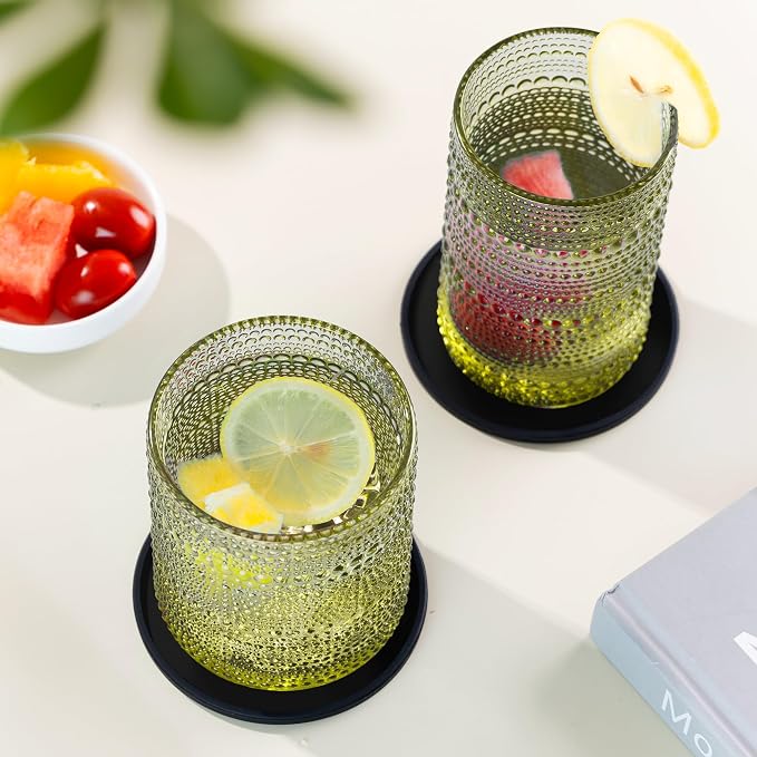 Hobnail Drinking Glasses Set of 12 with 6 Coasters, Green | 6 Highball Glasses (14.5 oz), 6 Old Fashioned Glasses (10 oz) and 6 Silicone Coasters for Water, Whiskey and Cocktails - Image 6