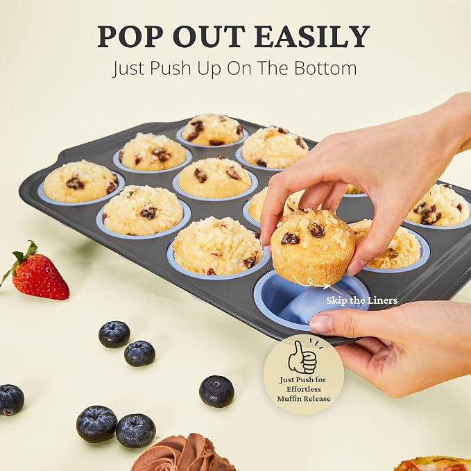 BRONYPRO 2-Pack 12 Cup and Mini 24 Cup Silicone Muffin Pans for Baking with Metal Frame, Egg Bite Molds, Muffin Tins Easy to Pop Nonstick Non Toxic Bakeware for Oven,Blue - Image 2