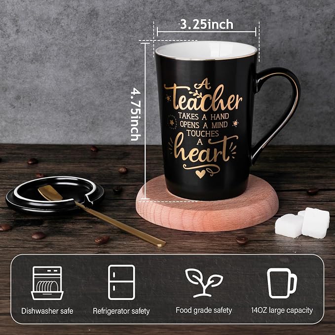 Best Teacher Appreciation Gifts for Men Women, 14oz Unique Black Coffee Mug | Gold Print Teacher Ceramic Cup, Presents for Teachers Graduation Retirement Valentine, with Lid Spoon Card, Nice Gift Boxed - Image 2