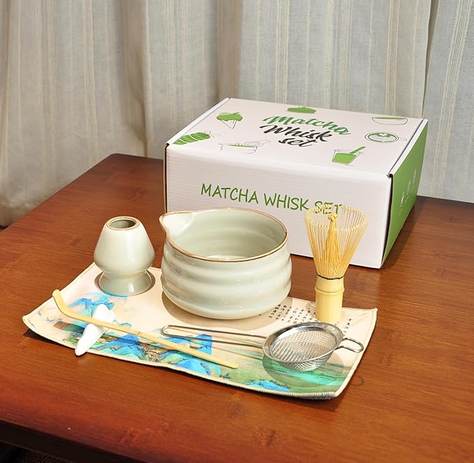 Matcha Whisk Set, Ceramic Matcha Set Includes Matcha Bowl, Matcha Whisk Chasen and Whisk Holder, Sifter, Bamboo Scoop, Scoop Rest and Tea Towel-7 Pcs Matcha Kit for Matcha Lovers, Misty Gray