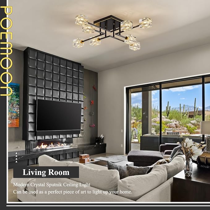 Modern Black Gold Sputnik Chandeliers 8-Light Crystal Semi Flush Mount Ceiling Light Industrial L 31.5" Chandelier Lighting for Living Room Dining Room Foyer Entryway Kitchen Bedroom - Image 8