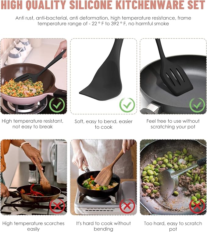 Black Kitchen Utensils Set-12 Pieces Silicone Cooking Utensils Set | Dishwasher Safe 392°F Heat Resistant Spatula Set Kitchen Utensil Set for Nonstick Cookware,Best Kitchen Tools with Holder - Image 3
