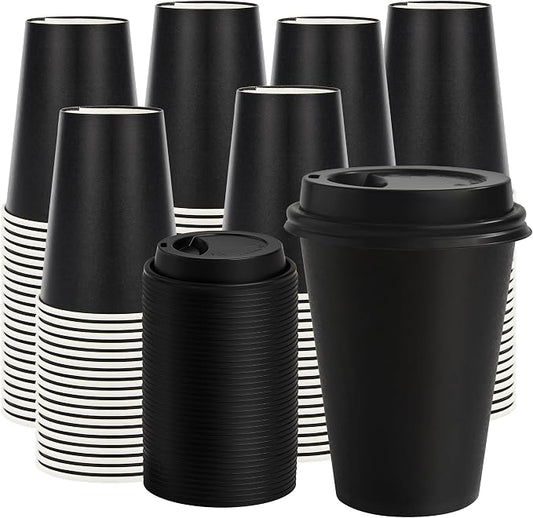 12 oz Paper Coffee Cups with Lids 100 Pack, Black Disposable Hot Coffee Cups with Lids, To Go Cups, for Parties, Picnic, Travel, and Events by VPACKDUO