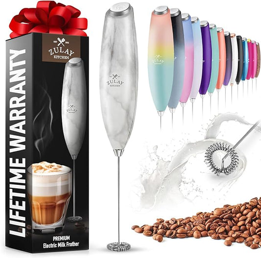 Zulay Powerful Milk Frother for Coffee with Powerful Motor - Handheld Frother Electric Whisk, Milk Foamer, Mini Mixer & Coffee Blender Frother for Frappe, Latte, Matcha, No Stand - Marble