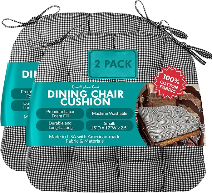 Barnett Home Decor Dining Chair Cushions with Ties – Size Small 15 x 17 - Latex Foam Fill, 100% Cotton, Machine Washable Chair Pads for Kitchen Chairs, Made in USA (Madrid Black/Pack of 2) by BarnettHomeDecor