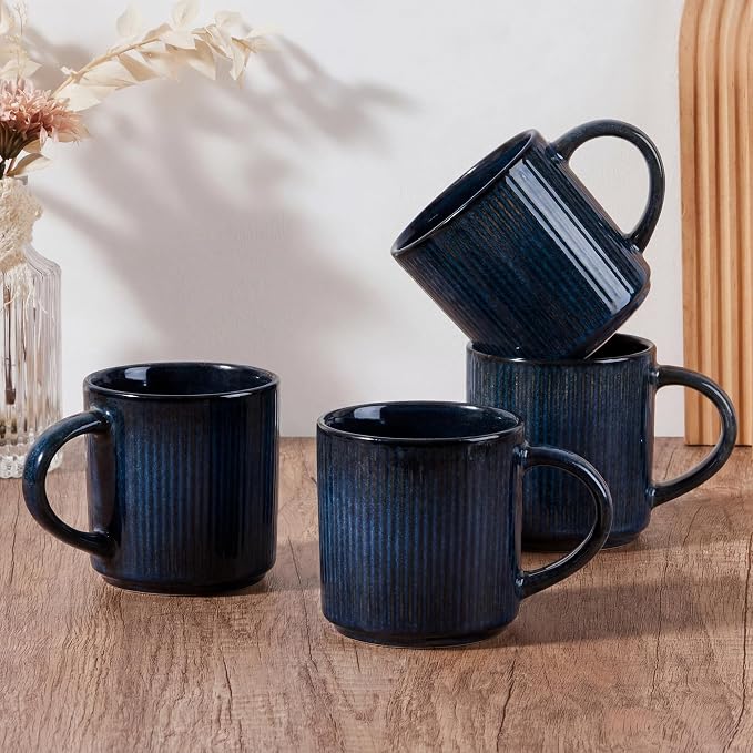 E-far Coffee Mugs Set of 4, 12 oz Stoneware Coffee Cups with Handle for Latte, Tea, Cocoa, Milk, Modern Ribbed Ceramic Mugs for Man Woman, Microwave & Dishwasher Safe, Midnight Blue by E-far