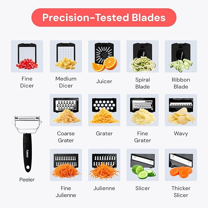 Fullstar Pro Original Vegetable Chopper & Mandoline Slicer Kitchen Gadget | 14 in 1 Veggie Slicer, Onion & Fruit Cutter with Sharp Stainless Steel Blades & Container (Stainless Steel) - Image 4