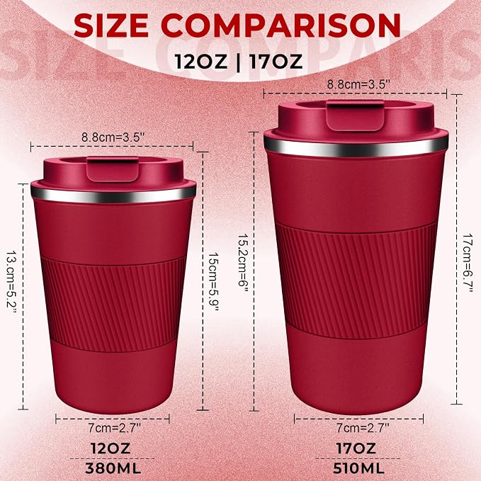 Insulated Coffee Tumbler 12 oz, Stainless Steel Coffee Mug with Lids, Travel Coffee Mug Leak Proof, Double Wall Vacuum Insulated Reusable Coffee Cup, Keep Drinks Hot and Cold (Red, 12 Ounces) - Image 2
