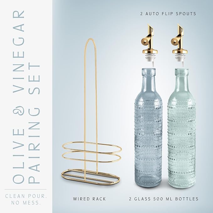 COOK WITH COLOR Glass Olive Oil Bottle Dispenser - 2 Pack- 17oz Oil and Vinegar Cruet - Olive Oil Carafe Decanter for Kitchen, Champagne Bubbles, Blue - Image 3