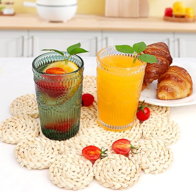 Loivttvv 6pcs Vintage Drinking Glasses Set, 12 oz Dark Green Highball Glasses, Embossed Ribbed Glassware Cups for Cocktail, Water, Juice, Coffee, Whiskey - Image 6