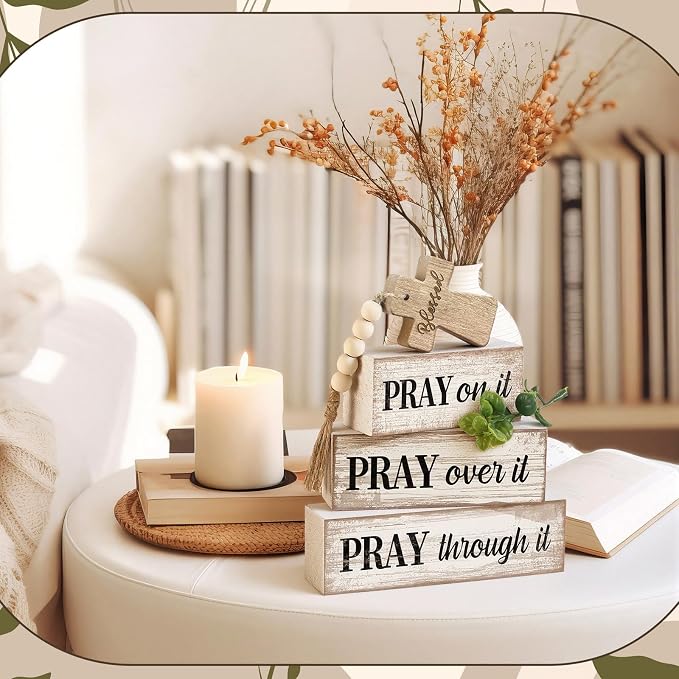 Moucuny 4 Pcs Christian Table Decor Wooden Cross Wooden Bible Verse Sign Inspirational Religious Christian Centerpiece Pray Block Signs Farmhouse Table Decoration for Mother's Day - Image 4