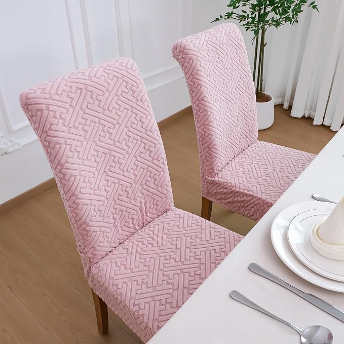 FORCHEER Chair Covers for Dining Chairs 4 Pack Pink Jacquard Stretch Parsons Chair Slipcovers Washable Removable - Image 4