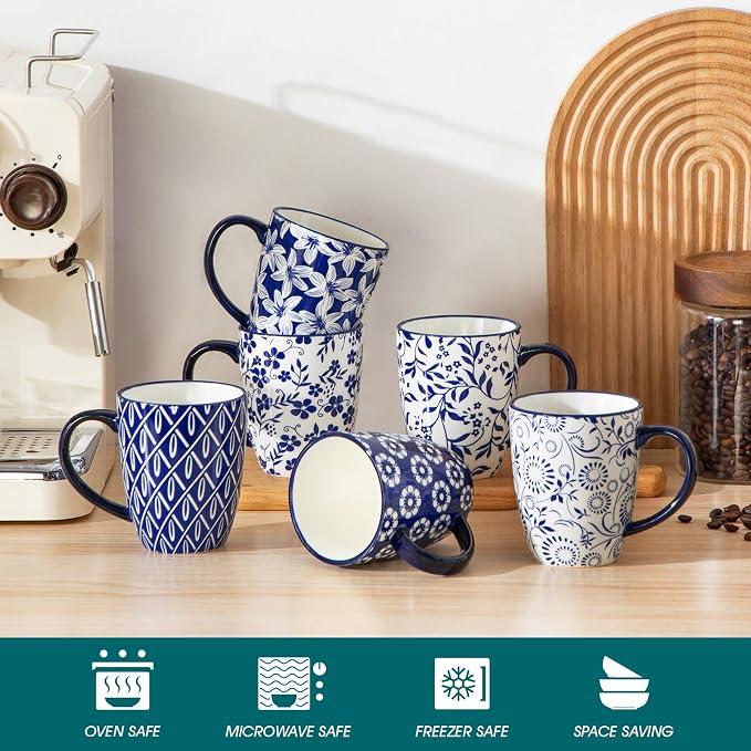vancasso SELENE Coffee Mugs Set of 6, 12 Oz Porcelain Coffee Cups with Handle, Ceramic Tea Cup for Cappuccino, Latte, Tea, Cocoa, Dishwasher & Microwave Safe Gift Sets, Vintage Blue - Image 4