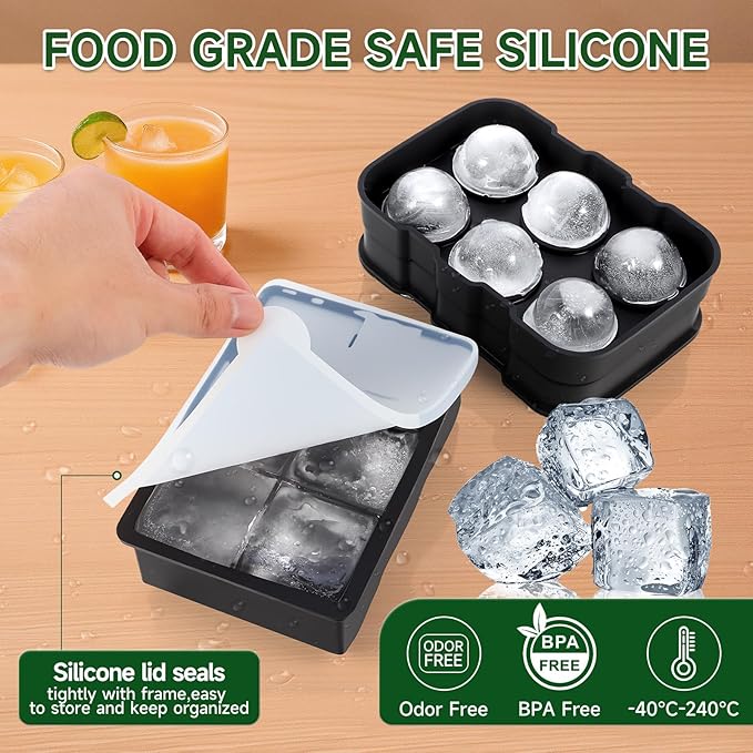Silicone Ice Cube Tray, Easy Release Flexible Ice Cube Tray with Removable Lid, 24 Ice Cub Per Tray for Whiskey, Freezer, Cocktail, Reusable & BPA Free (6 Square+Circle)