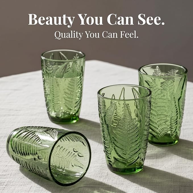 Green Drinking Glasses Set of 4, 12 oz Glass Cups, Vintage Fern Glassware | Hand-Pressed, Dishwasher Safe, Boho Leaf-Textured Drinkware, Embossed Highball Tumblers for Water, Retro Kitchen Gift - Image 2