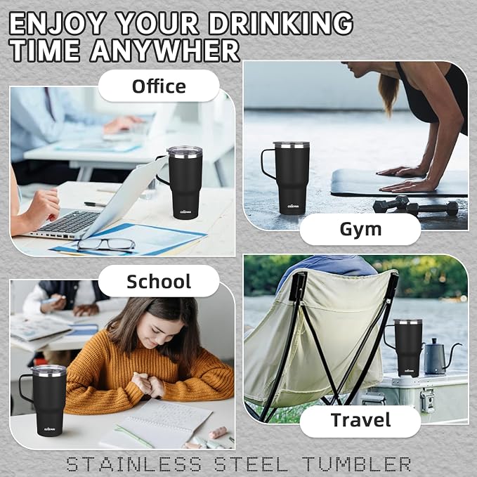 20 oz Insulated Coffee Mug with Ceramic Coating, Stainless Steel Travel Mug Tumbler with Handle Lid and Straw, Double Wall Leak-Proof Coffee Travel Mug Keeps Drink Hot and Cold (Black) - Image 7