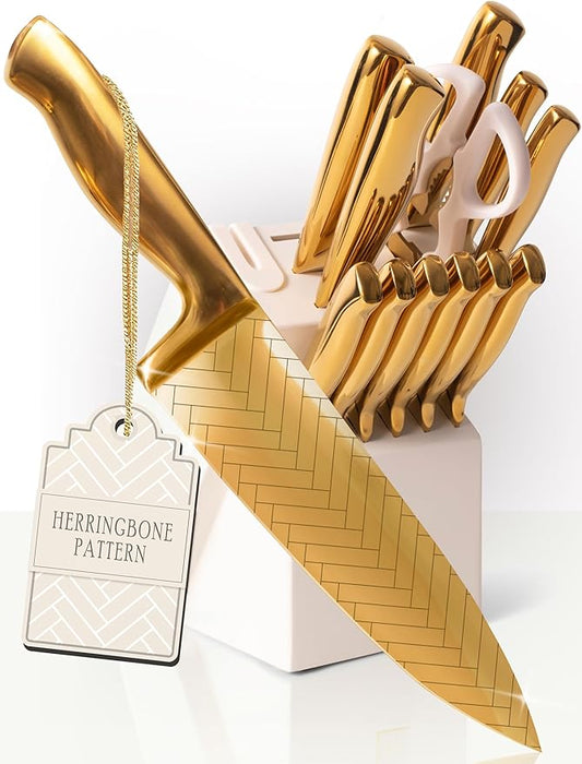 Styled Settings Gold Knife Set with Block and Sharpener, 14-Piece | Stainless Steel, Titanium Gold Knives with Pattern and Knife Block with Built-in Sharpener, Durable, Gold Kitchen Accessories by STYLEDSETTINGS