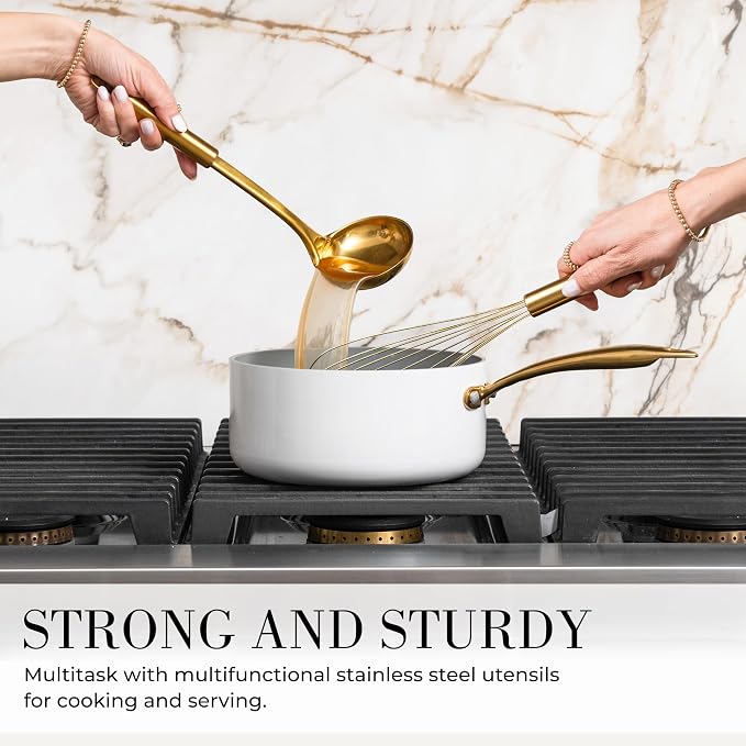 Styled Settings White and Gold Kitchen Utensils Set with Holder, 15-Piece | Nonstick BPA-Free Silicone Cooking Utensils with Measuring Cups and Spoons - Luxury Kitchen Accessories for Stylish Cooking - Image 8