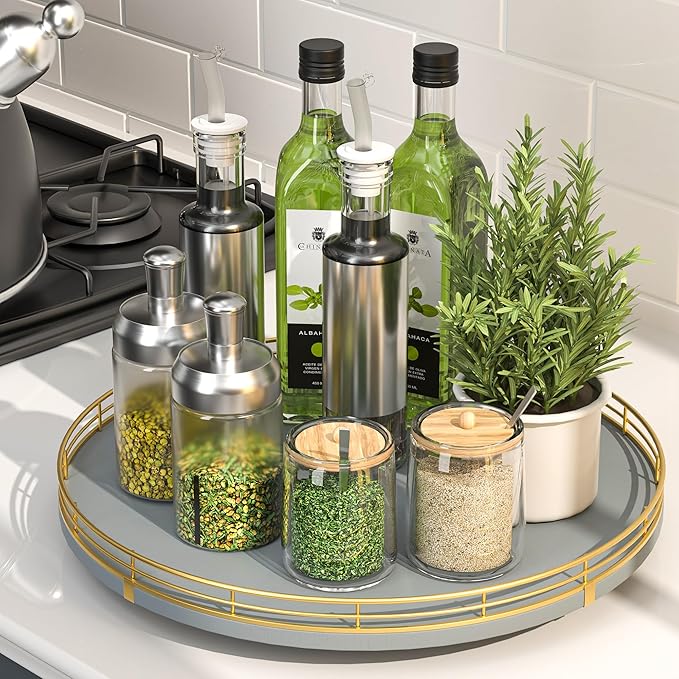 Oroyutor 13-Inch Gray Wooden Lazy Susan Spice Organizer with Gold Rail | Rotating oak tray organizes spices, toiletries and decor on kitchen counters, bathroom vanities, dining and coffee tables. by Oroyutor