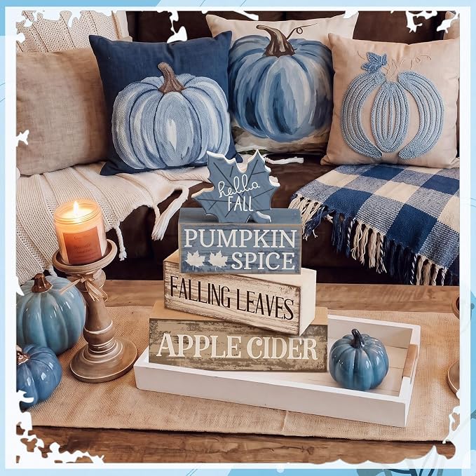 Moucuny 4 Pcs Fall Table Decoration Rustic Blue Maple Leaf Stacked Wooden Block Decor Thanksgiving Tiered Tray Decor Blue and White Maple Leaf Block Sign Gift Fall Centerpiece for Harvest Home Kitchen - Image 5