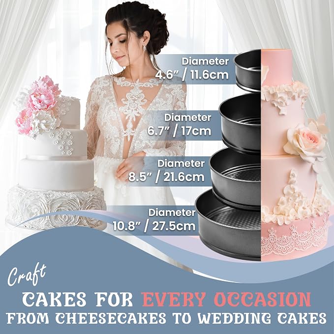 Cheesecake Pan and Springform Cake Pan Set - 4, 7, 9 and 11 in, NONSTICK | with CAKE SLICER and TESTER; INSTANT POT – Compatible; Easy-open Latches for Cheesecakes, Layer Cakes, Quiches; for Gifting - Image 8