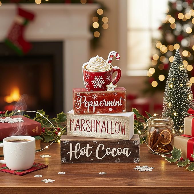 Moucuny 4 Pcs Christmas Table Decor Wooden Hot Cocoa Decoration Christmas Centerpiece Winter Tiered Tray Decor Decorative Red Hot Cocoa Block Signs Farmhouse Xmas Decoration for Home - Image 4
