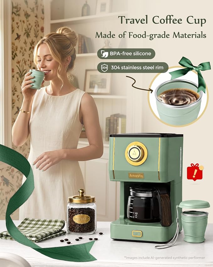 Amaste Drip Coffee Maker, Coffee Machine with 25 Oz Glass Coffee Pot, Retro Style Coffee Maker with Reusable Filter & Three Brewing Modes, Collapsible Silicone Coffee Cup,Warming Plate, Matcha Green - Image 9