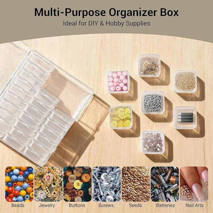 Bead Organizer Box with 84 Label Stickers, Clear Bead Storage Case with 30 Small Containers, Plastic Craft Organizer for Jewelry Making, Diamond Painting Drills, Small Parts, Seeds, Screws