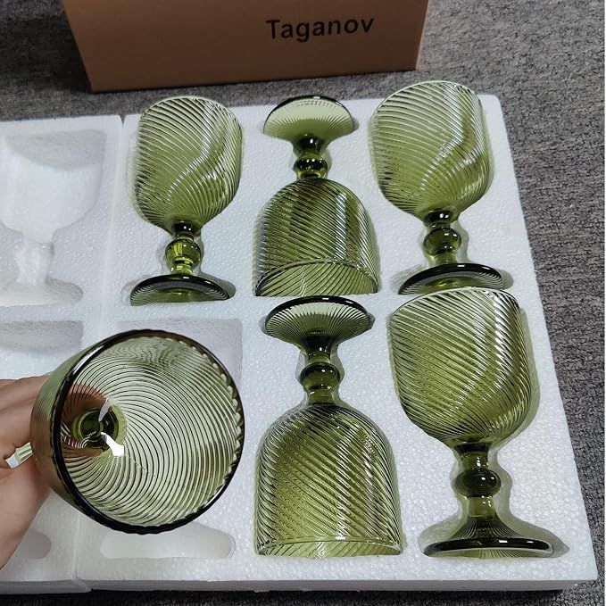 Taganov Green Glasses Drinking Wine Water Goblets Glassware set of 6 Vintage Stem Glasses Stemware 12 Ounces for Wedding Party Bar Twill Pattern Striped 350 ml - Image 4