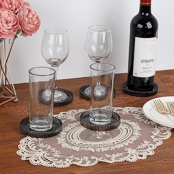 Modern Clear Coaster Set of 5- Glass Coasters for Drinks, Clear Black | Crystal Coasters Round Cup Mat Coffee Table Decor for Office, Kitchen, Bar, Dining Room, Living Room, Patio - Image 2
