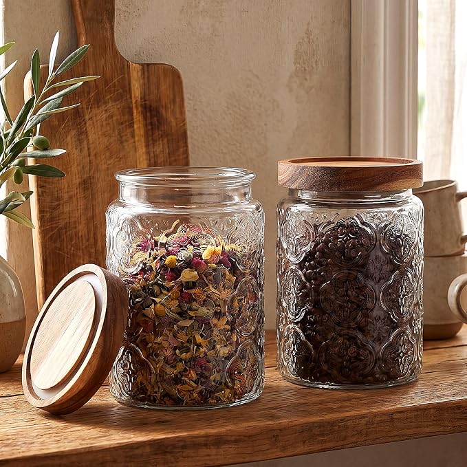 LemonRoad 4 Pcs Vintage Clear Glass Storage Jars 23.7 oz Mason Jar Canister with Wood Lids Food Storage Container for Cookie, Pantry, Candy Kitchen, Coffee, Tea, Flour, Sugar, Decorative Home Decor - Image 6