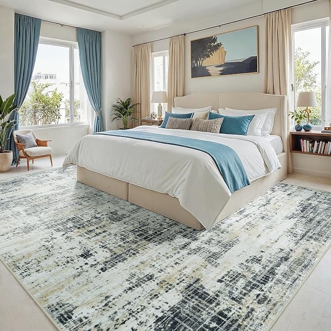 9x12 Washable Area Rug for Living Room Bedroom: Non-Slip Modern Black Gray | Machine Washable TPR Backing, Stain-Resistant Low Pile, Pet & Kid Friendly, Abstract Decor for Dining Room, Dorm, Home Office - Image 2