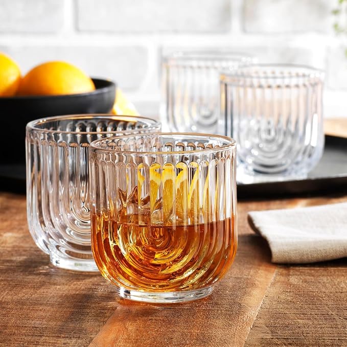 Glaver's 16-Piece Drinking Glass Set, Art Deco Ribbed Arch Design, Clear U-Shape Glassware, 17oz Highball and 11oz DOF Glasses - Image 3