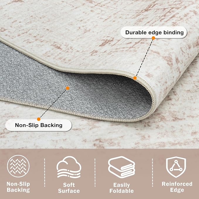9x12 Washable Area Rug for Living Room Bedroom: Non-Slip Modern Beige White | Machine Washable TPR Backing, Stain-Resistant Low Pile, Pet & Kid Friendly, Abstract Decor for Dining Room, Dorm, Home Office - Image 4