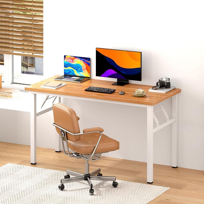 DlandHome 47 Inch Folding Computer Desk, Fully Assembled, Teak White | Foldable Writing Table, Portable Activity Conference Table for Home Office, Wood Top Metal Frame, Collapsible Easy Storage - Image 2